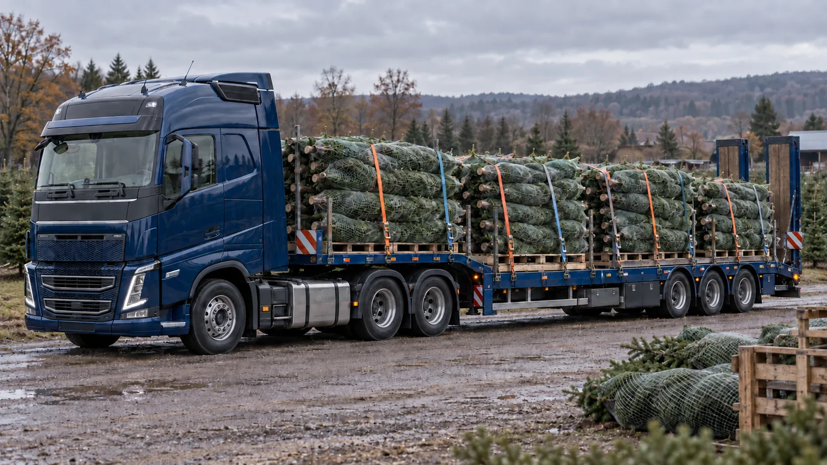 Nettowane choinki ułożone i zabezpieczone pasami na otwartej platformie transportowej.